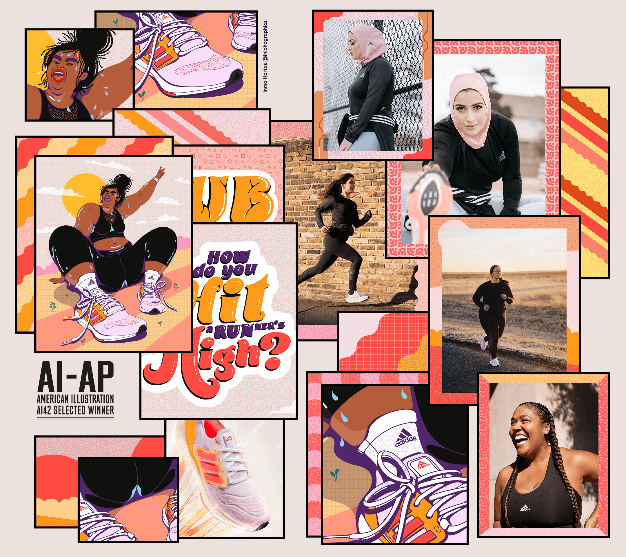 Adidas Ultraboost 22 female fit campaign on socials. Set of assets. American Illustration 42 SELECTED WINNER.