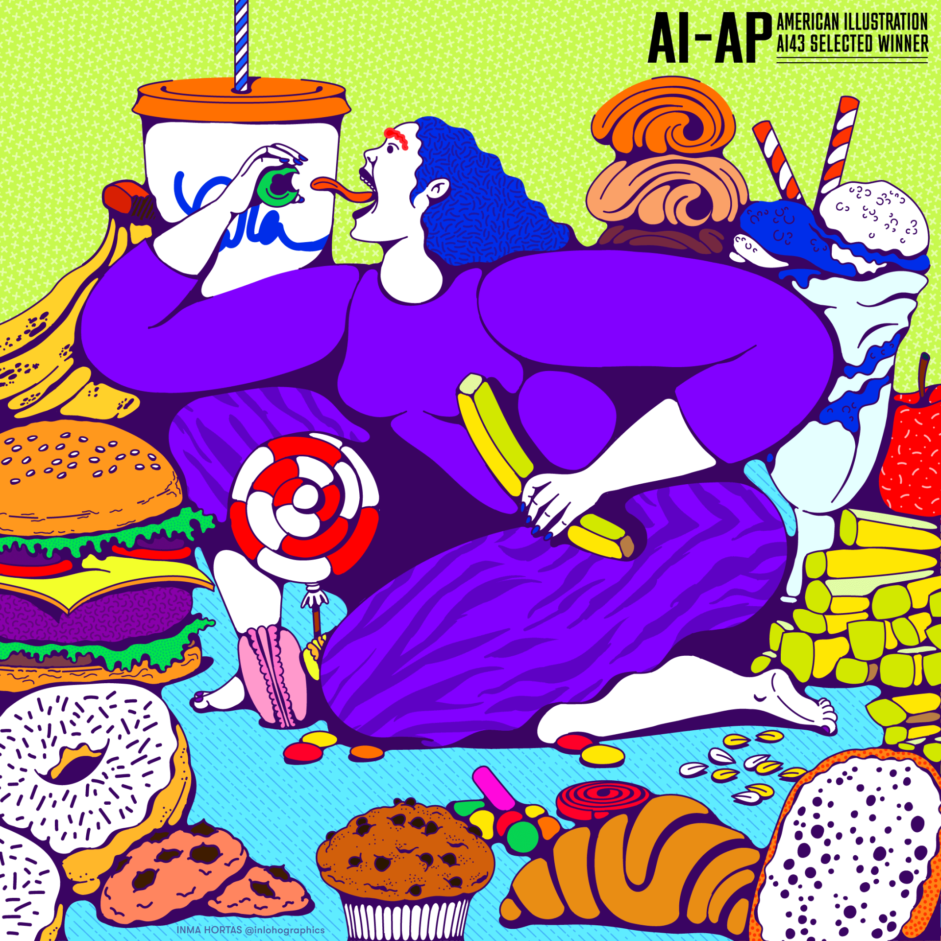 Empowered women having fun eating everything she wants, stress eating sometimes but without regreats and feeling good with herself. Colorful illustration by Inma Hortas for AARP