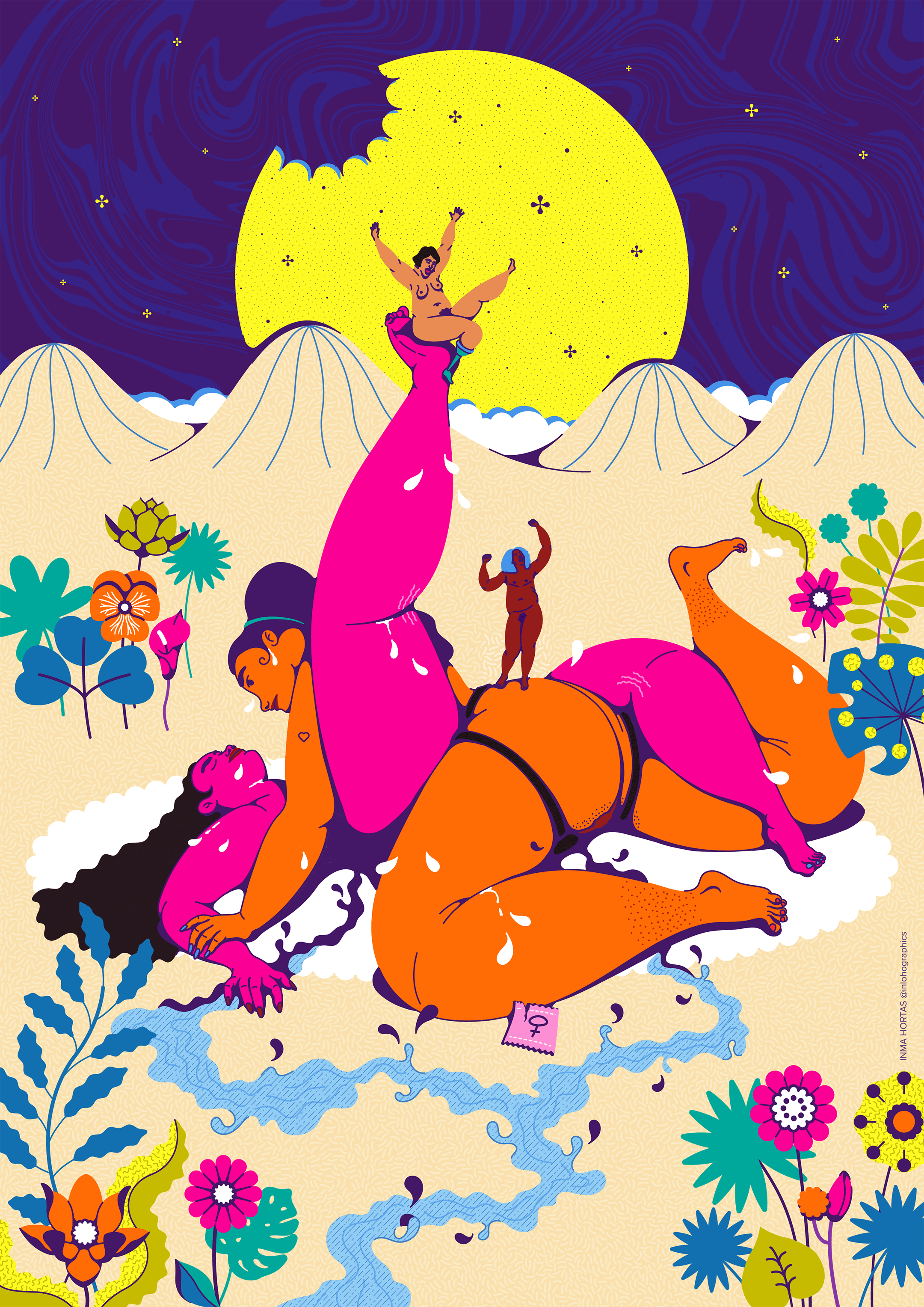 two females have sex with protection kamasutra pose pride lqtbiq+ lgbt illustrated by Inma Hortas inloho