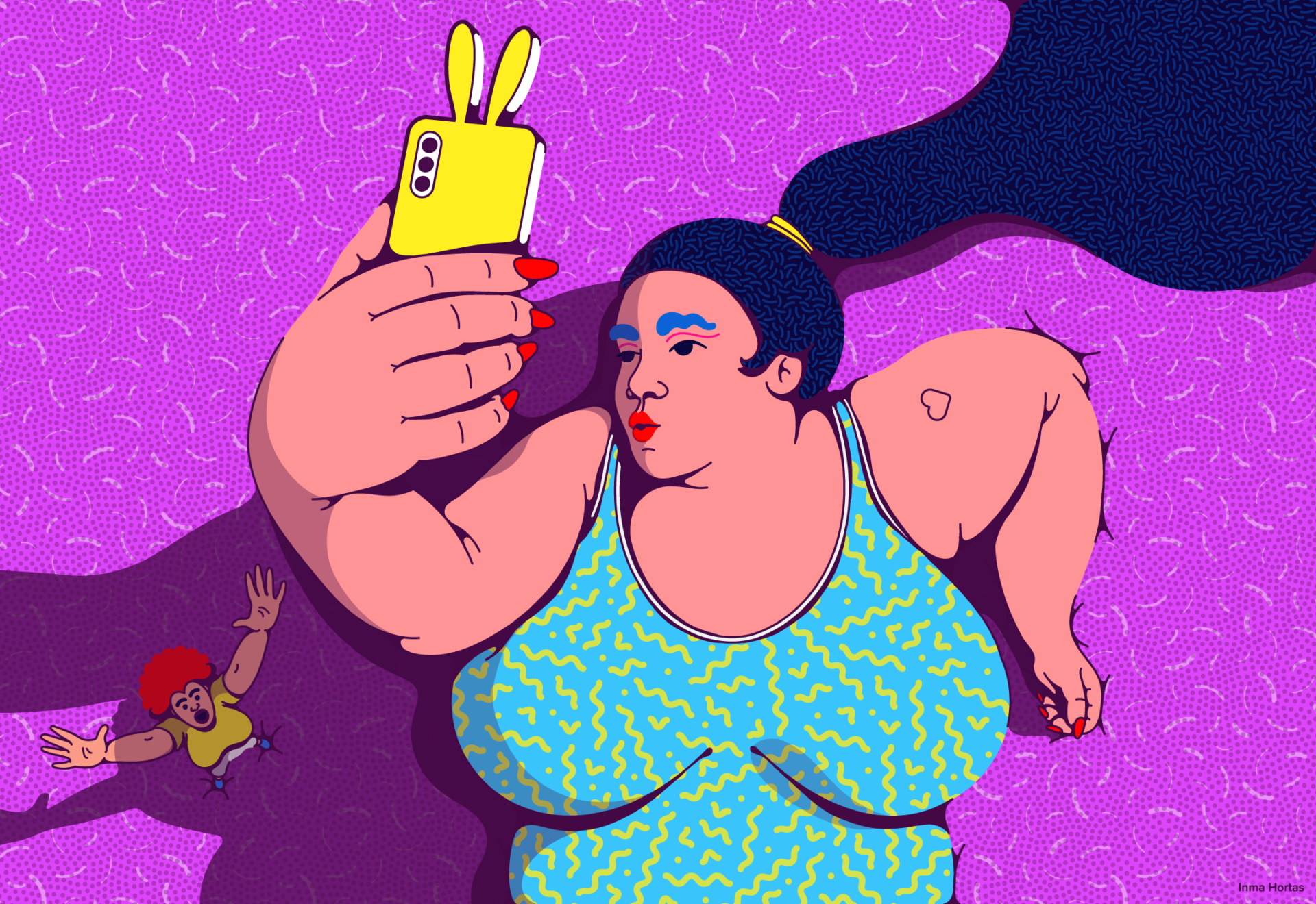 Body positive influencer girl making a selfie while a small influencer is not able to be seen at her side, by Inma Hortas, inlohographics