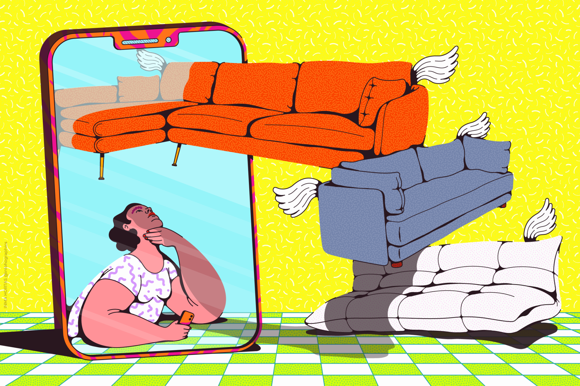 Finding couches sofas online for Dwell Magazine by Inma Hortas Editorial Illustration