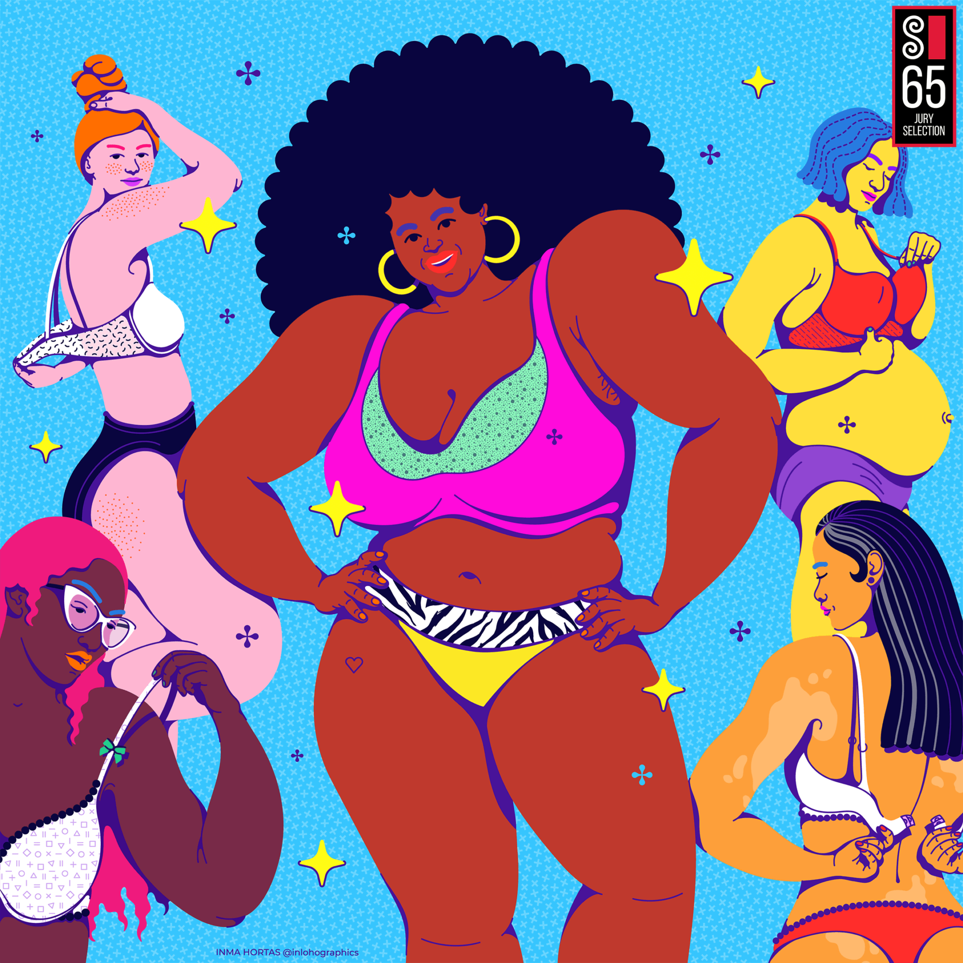 Editorial illustration by Inma Hortas about female bodipositivity: Different diverse women, body types and ethnicities trying underwear, bras
